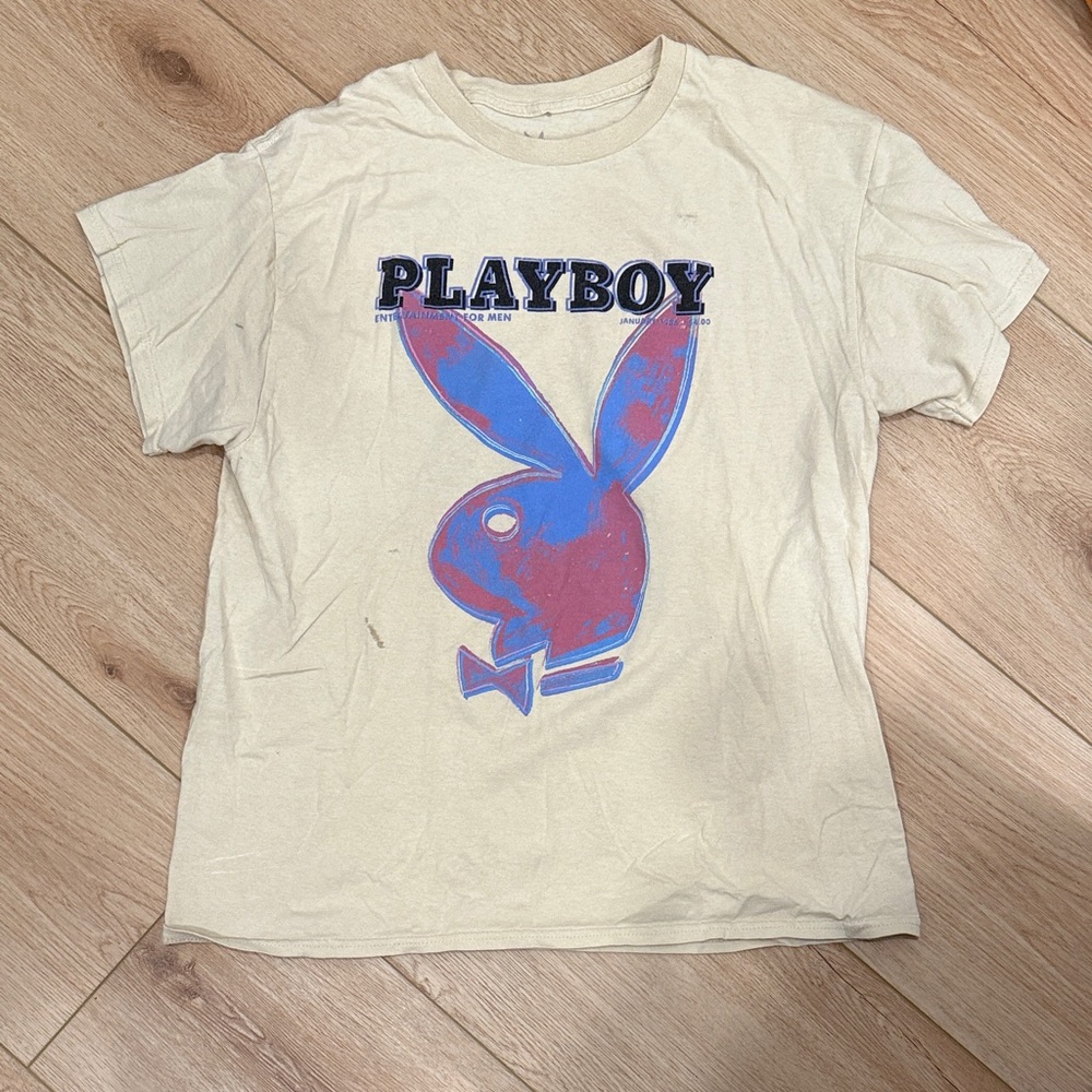PLAYBOY men’s Cream Tee with Blue and Pink bunny.